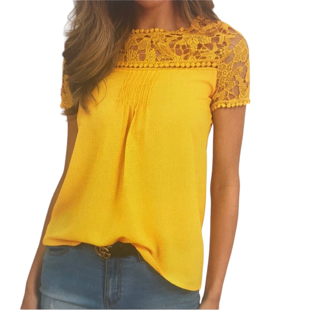 Lace Inset Short Sleeve Casual Blouse